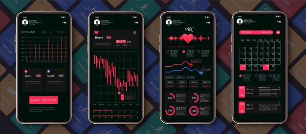 Different UI UX GUI screens fitness app for health flat web icons for mobile apps responsive website including Web design and mobile template Fitness app interface design black design Vector
