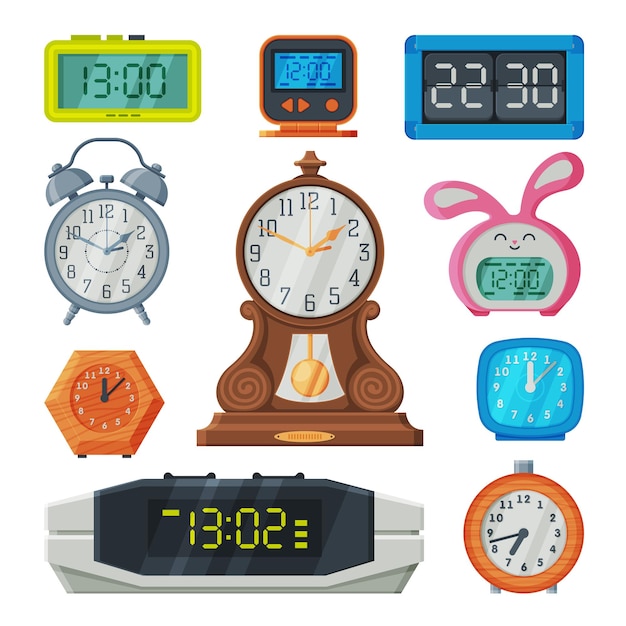 Digital and Analogue Table Clocks Collection Old Fashioned and Modern Time Measuring Instruments Vector Illustration