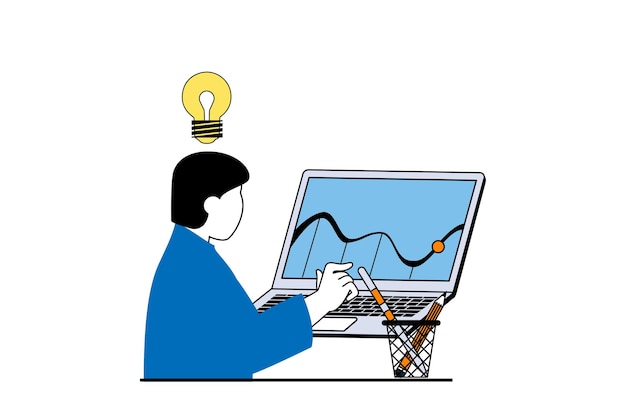 digital business concept with people scene in flat web design man creating strategy analyzing data graph and finding new solutions vector illustration for social media banner marketing material