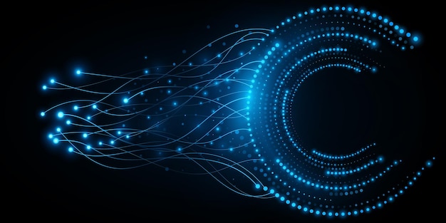 Digital circles of glowing blue dots with neural connectors. Big Data visualization into cyberspace. Connection in the network of files. Futuristic background. Vector illustration. EPS 10.