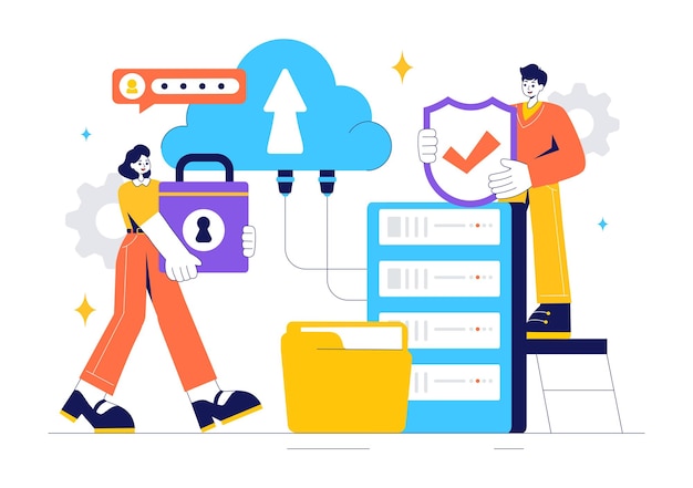 Digital Cloud Security Vector Illustration of Safety and Data Protection for Network Internet Hosting and Backup Servers in a Technological
