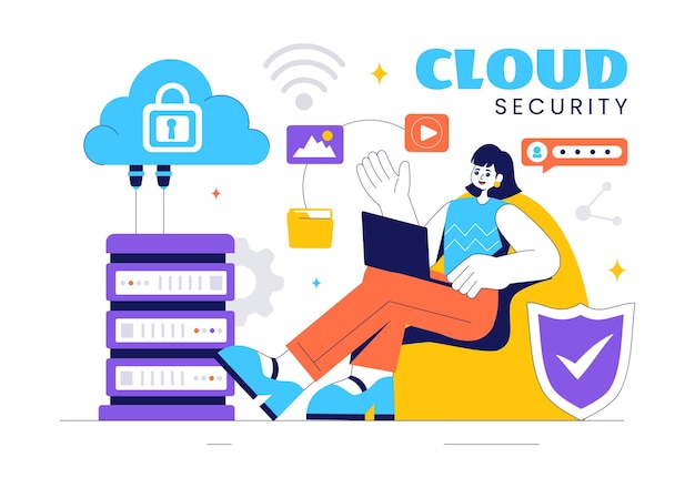 Digital Cloud Security Vector Illustration of Safety and Data Protection for Network Internet Hosting and Backup Servers in a Technological