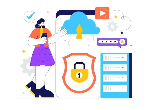 Digital Cloud Security Vector Illustration of Safety and Data Protection for Network Internet Hosting and Backup Servers in a Technological