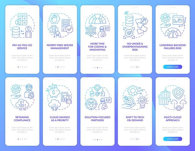 Digital cloud trends blue gradient onboarding mobile app screen set