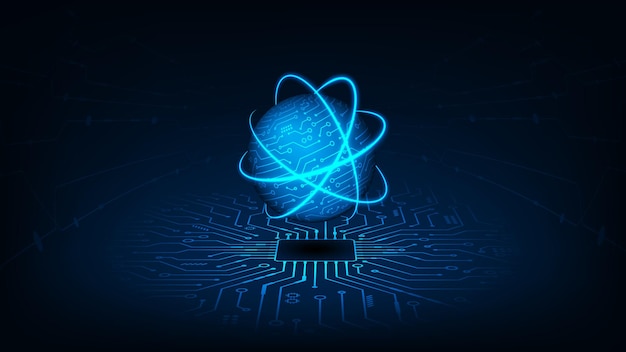 Digital communication concept cyber cloud network with CPU Futuristic blue light background