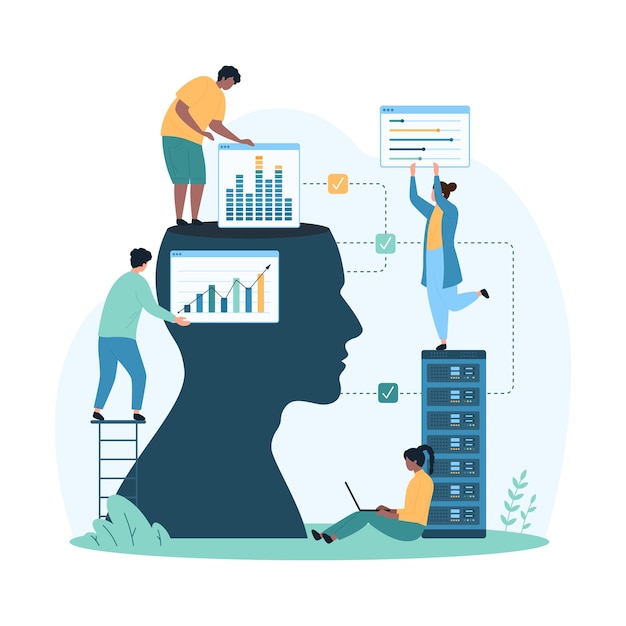 Digital data processing with ai tiny people work with virtual information in charts