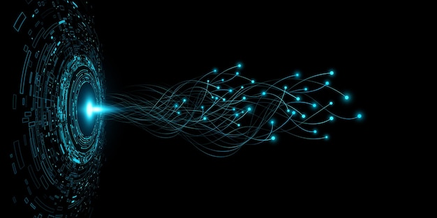digital hud circles with glowing neural connectors of wires into dark cyberspace neural network studies information big data ai visualization background vector illustration