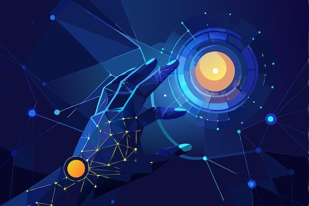 Digital Human Hand Touching on Glowing Dot Dark Blue Technological Background