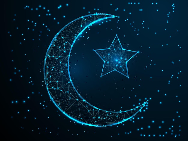 Digital Low Poly ramadan kareem Moon and Star Night Sky with Glowing Blue light background design