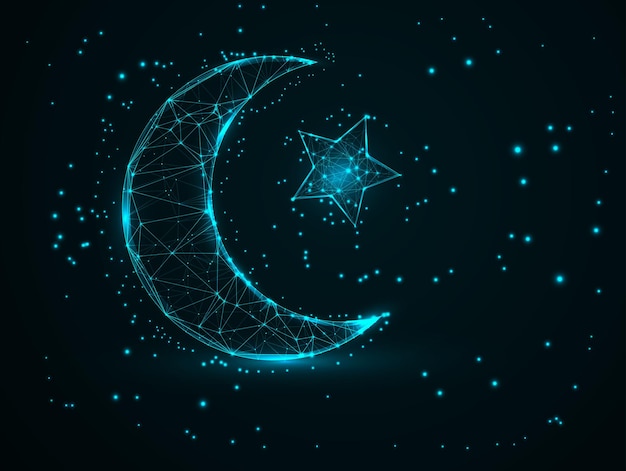 Digital Low Poly ramadan kareem Moon and Star Night Sky with Glowing Blue light background design