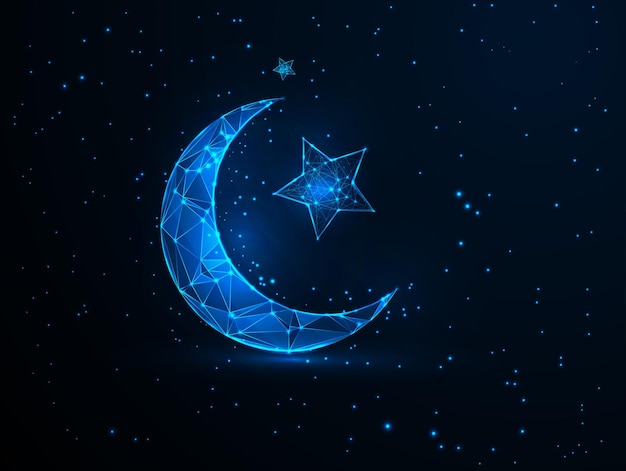 Digital Low Poly ramadan kareem Moon and Star Night Sky with Glowing Blue light background design