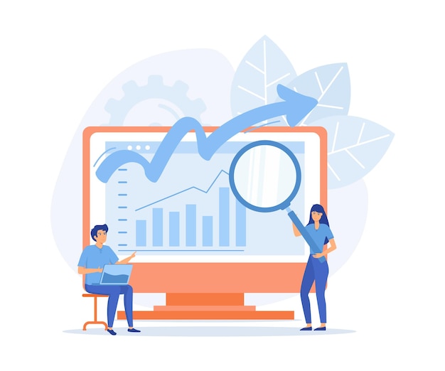 digital marketing and promotion characters analyzing graph charts and planning marketing strategy to achieve business goals flat vector modern illustration