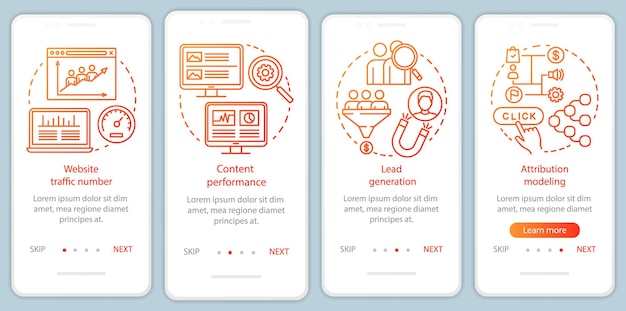 Digital marketing benefits orange onboarding mobile app page screen vector template Walkthrough website steps with linear illustrations UX UI GUI smartphone interface concept