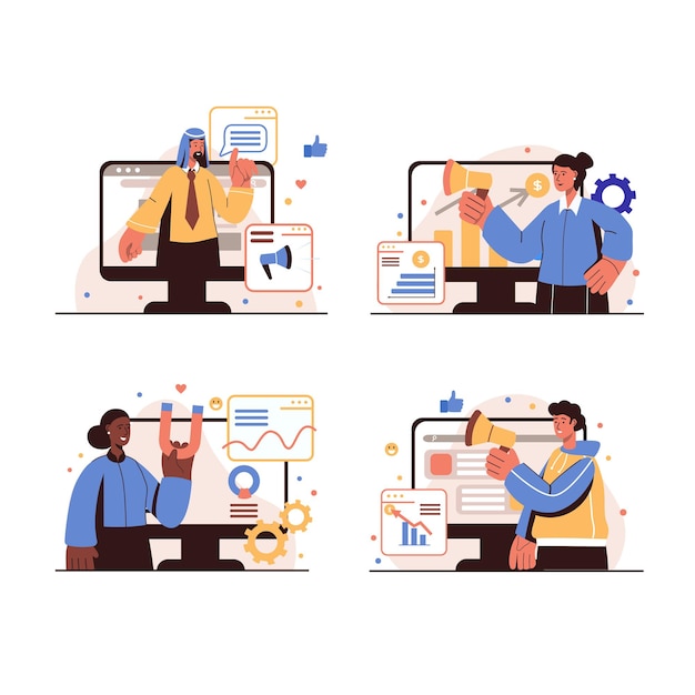 digital marketing people concept isolated scenes set. men and women make advertising campaigns, attract new customers, marketers promote business at social media. vector illustration in flat design