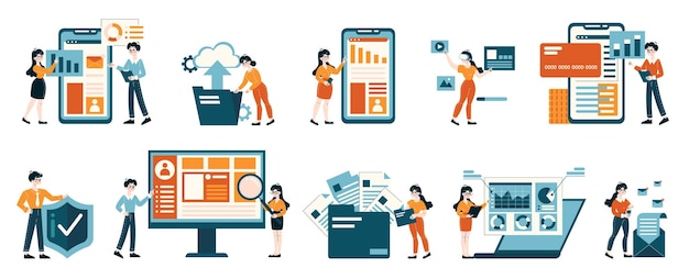 Digital marketing set characters managing data analysis cybersecurity and online transactions