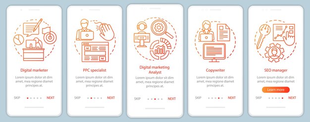 Digital marketing specialties orange onboarding mobile app page screen with linear concepts SEO manager walkthrough steps graphic instructions UX UI GUI vector template with illustrations