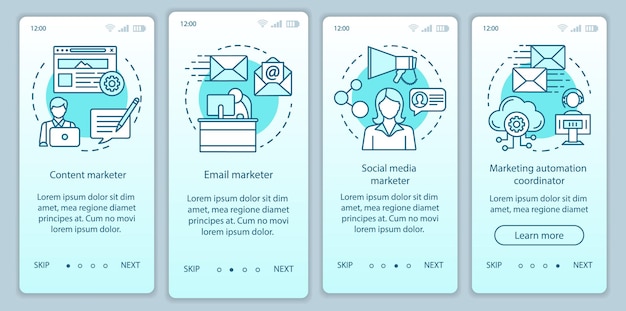 Digital marketing specialties turquoise gradient onboarding mobile app page screen vector template. Walkthrough website steps with linear illustrations. UX, UI, GUI smartphone interface concept