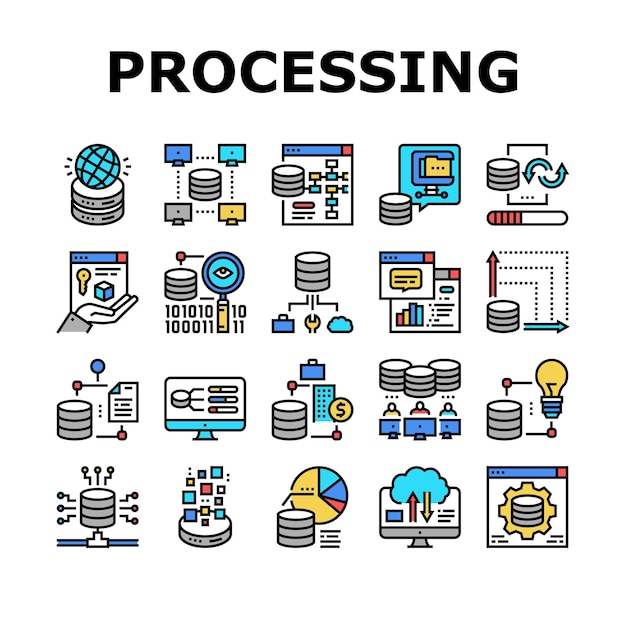 Digital Processing Collection Icons Set Vector Illustration