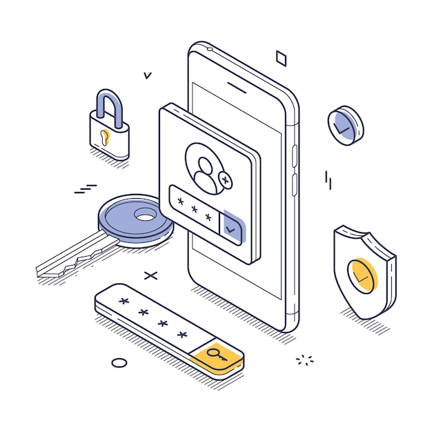 Digital security features with a smartphone key and various locks depicting user authentication