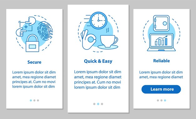 Digital services onboarding mobile app page screen with linear concepts. Business software. Security, quick and easy launch, reliable service steps graphic instruction. UX, UI, GUI vector illustration