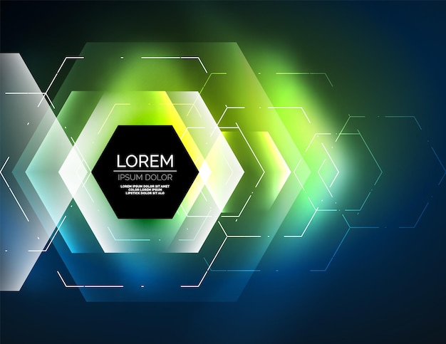 Digital techno abstract background glowing hexagons vector geometric hitech background with shiny light effects and figures