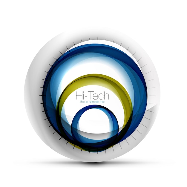 Digital techno sphere web banner button or icon with text Glossy swirl color abstract circle design hitech futuristic symbol with color rings and grey metallic element Vector illustration