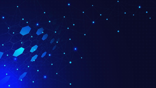 Digital technology concept with hexagons shapes and connecting dots and lines Social networking