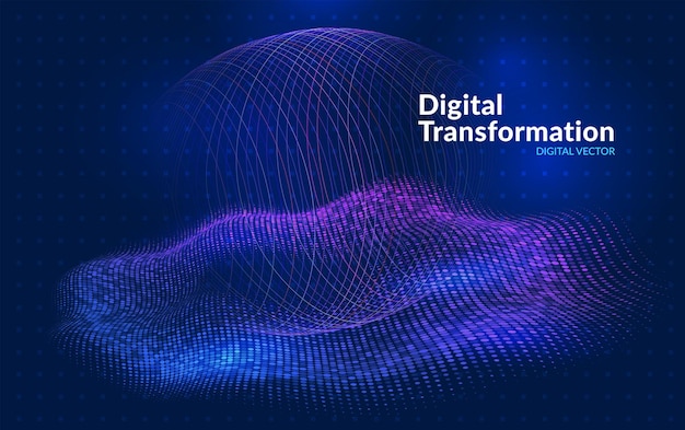 Digital transformation background with glowing data wave and transparent wire sphere Abstract technology concept symbolizing artificial intelligence data innovation and futuristic digital network