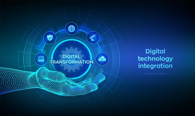 Digital transformation Concept of digitization of business processes and modern technology Digital transformation icon in wireframe hand Disruption innovation solutions Vector illustration