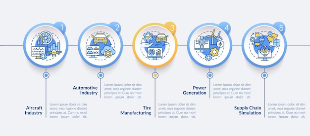 Digital twin implementation circle infographic template. Aircraft industry. Data visualization with 5 steps. Process timeline info chart. Workflow layout with line icons. Lato-Bold, Regular fonts used