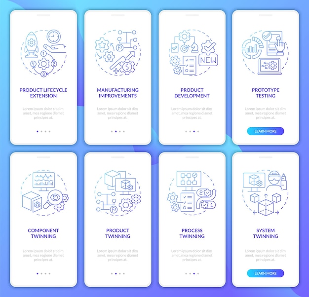 Digital twin technology blue gradient onboarding mobile app screen set Walkthrough 4 steps graphic instructions pages with linear concepts UI UX GUI template Myriad ProBold Regular fonts used
