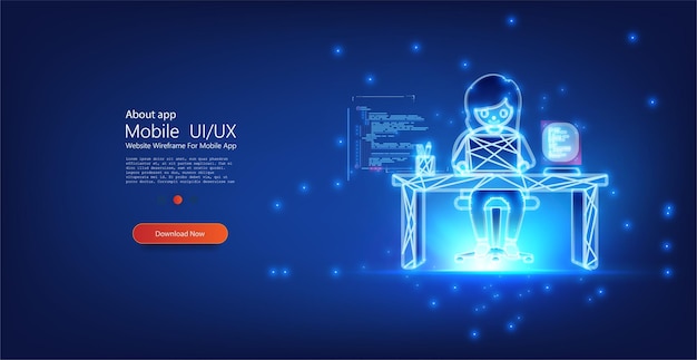 Digital wireframe of a person coding at a desk with a laptop The glowing blue wireframe highlights coding technology and digital creativity ideal for programming and software development themes