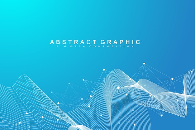 Digits abstract background with connected line and dots wave flow digital neural networks network an...