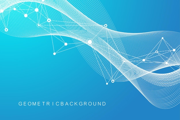 Digits abstract background with connected line and dots, wave flow. Digital neural networks. Network and connection background for your presentation. Graphic polygonal background. Vector illustration.