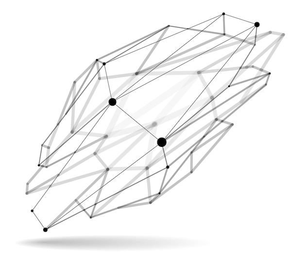 dimensional lattice mesh vector abstraction, 3d polygonal design abstract shape isolated over white, science digital dynamic connections with lines and dots with perspective.