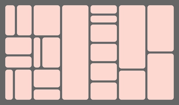 Dimensions 16x9 trendy bento grid layout style brick Ui UX templates Web comic grids rounded corners Different panel layouts with y2k and brutal shapes tiles of different sizes Vector illustration