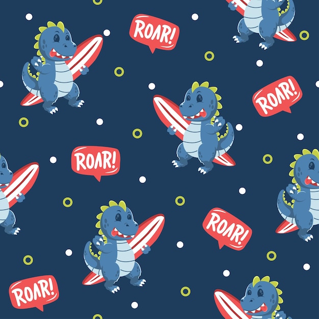 Dinosaur surfing hand drawn pattern designs for print on fabric and other uses