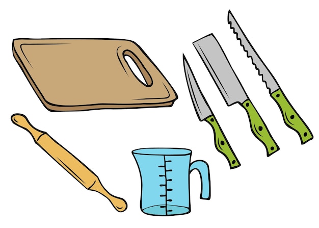 Dishes dough rolling pin knives and cutting board measuring cup Colored isolated objects with a dark outline Doodle