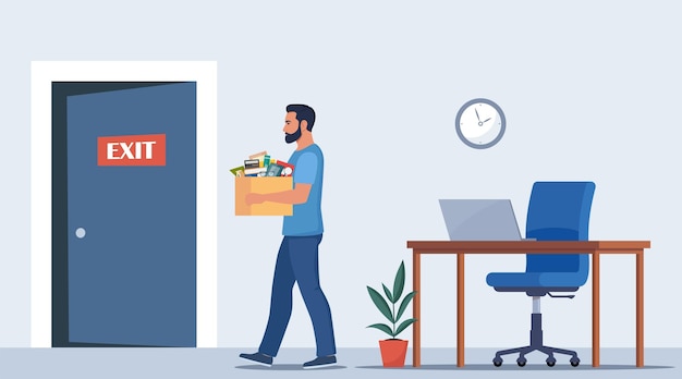 dismissal employee replacement unhappy man dismissed from job leave office with stuff in box