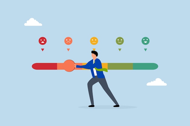 dissatisfaction man pushing rating bar to dissatisfaction level