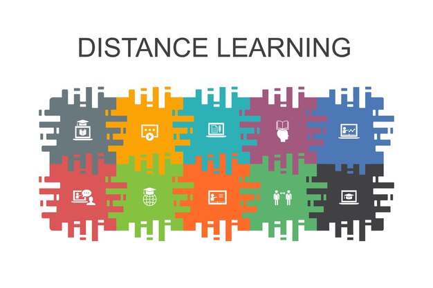 Distance Learning cartoon template with flat elements. Contains such icons as online education, webinar, learning process, video course