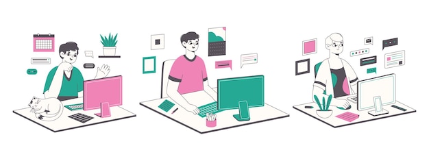 Distant freelancers remote office workers flat vector illustrations set freelance remote employees