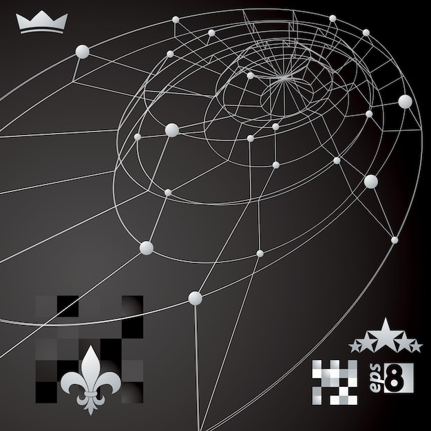 Distorted 3D abstract lines and dots background with web design objects contrast conceptual technology lattice backdrop