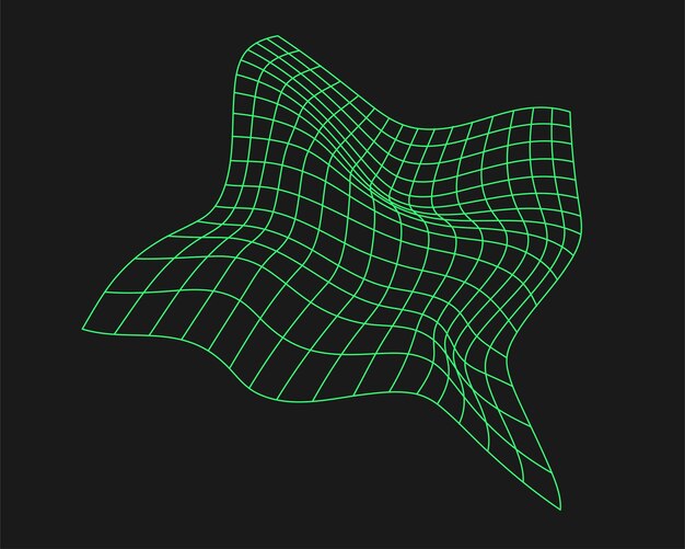 Distorted cyber grid Cyberpunk geometry element y2k style Isolated green mesh on black background Vector fashion illustration