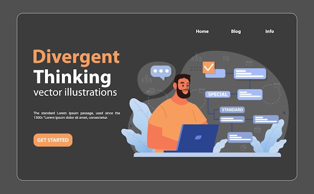 Divergent thinking concept man at laptop navigates decision pathways contrasting standard and