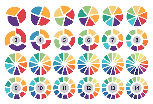 Divided circle slice diagram Segmented color wheels circular pie chart and segmented donut diagrams for infographics data visualization and business presentation Segment divisions vector set