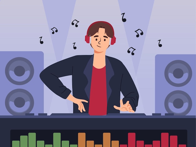 Dj guy with headphones concept Man in nightclub at consoles Music and songs creativity and art Disc jockey at disco or party Character with turntable mixer Cartoon flat vector illustration