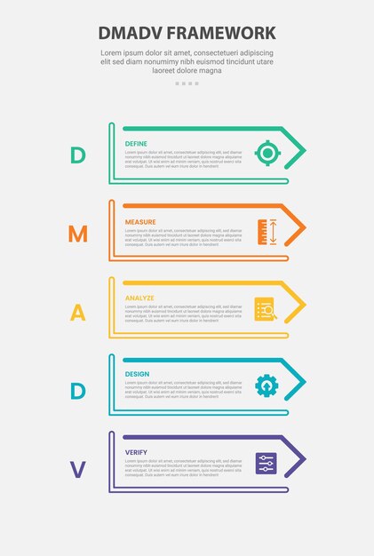 DMADV framework infographic outline style with 5 point template with creative rectangle arrow box on stack vertical position for slide presentation