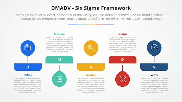 DMADV six sigma framework methodology concept for slide presentation with big balloon horizontal up and down with 5 point list with flat style