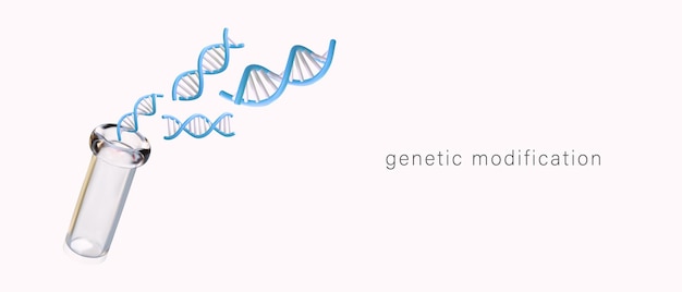 DNA research concept Genetic modification concept Poster with 3d blue DNA structure and flask